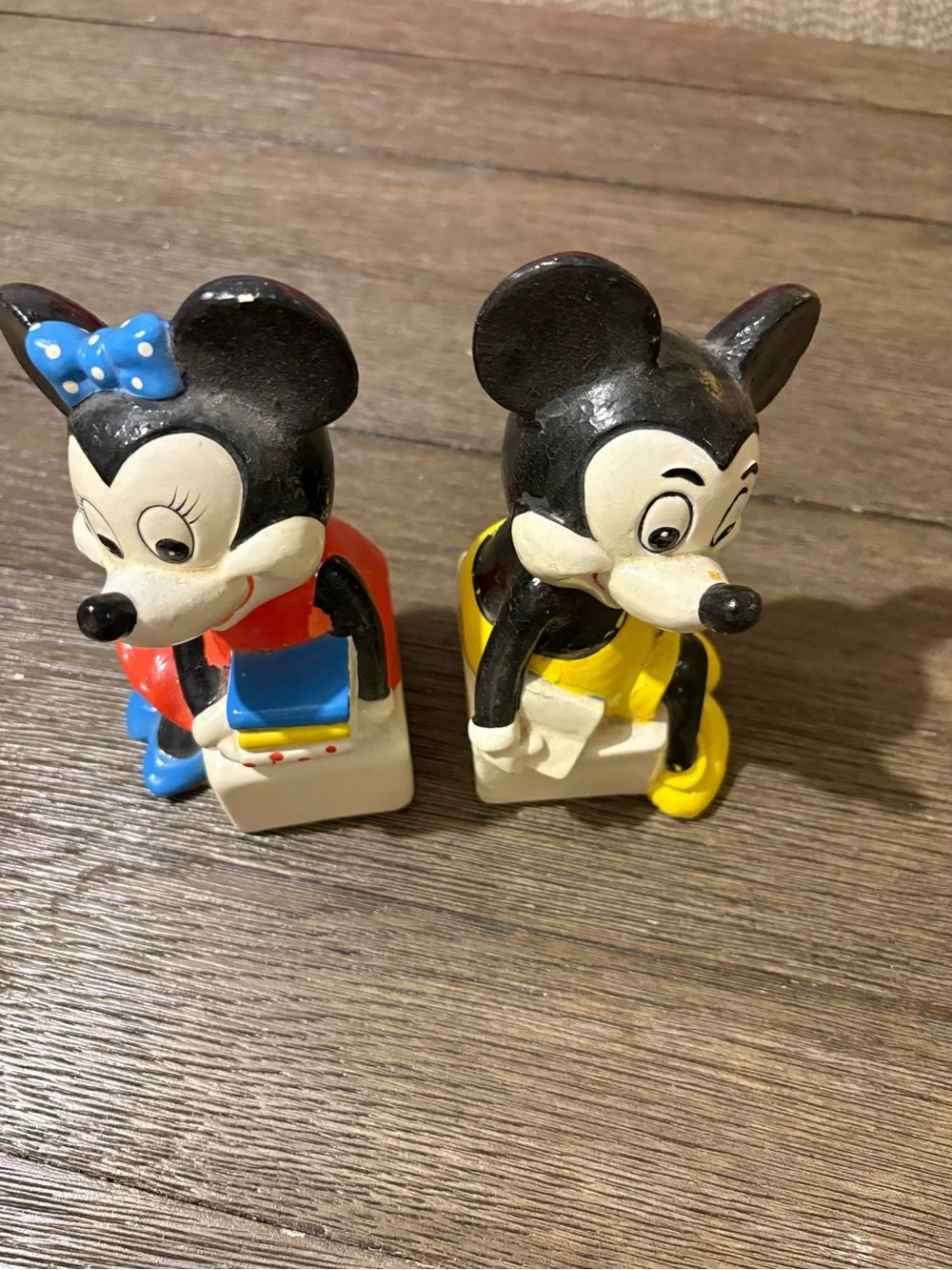 Vintage Style Black and White Mouse Figurine Toy Pair - Yellow & Red Accents